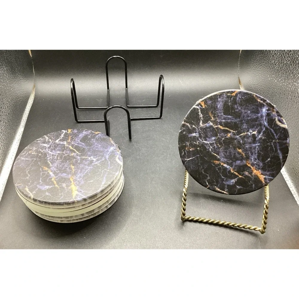 Absorbent Coasters Ceramic Set of 6 with Black Marble‎ Cork Backing w/ Holder